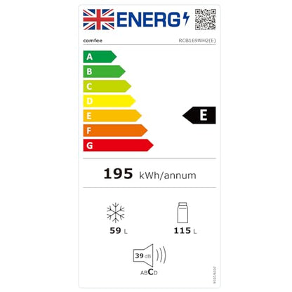 COMFEE' Freestanding Fridge Freezer 174 Litre RCB169WH2(E) Low Frost Fridge with Reversible Door Hinge - Energy Saving LED lights & Adjustable thermostat – Low Noise- White