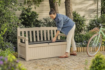 Keter Eden Bench 265L Outdoor 60% recycled Garden Furniture Storage Box Beige & Brown Wood Panel Effect