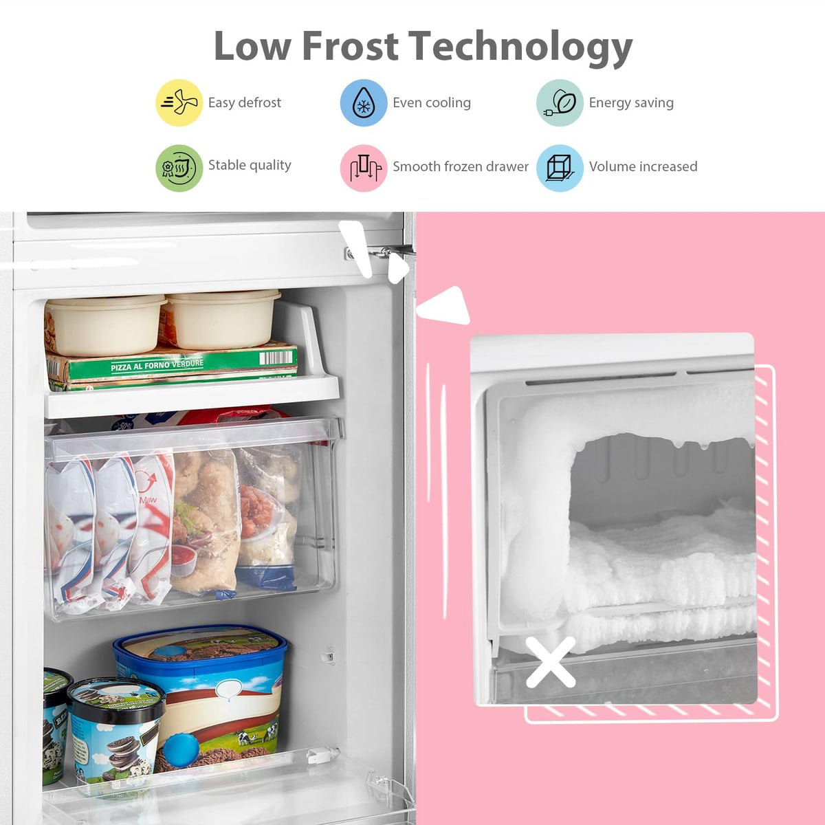 COMFEE' Freestanding Fridge Freezer 174 Litre RCB169WH2(E) Low Frost Fridge with Reversible Door Hinge - Energy Saving LED lights & Adjustable thermostat – Low Noise- White
